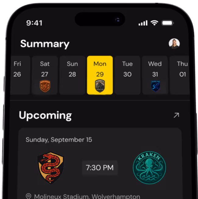 Mobile app screen showing a weekly summary with dates and team logos, highlighting Monday 29 with Mammoth logo, and an upcoming match on Sunday, September 15 at 7:30 PM between teams with red snake and green kraken logos.