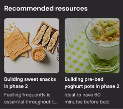 Two recommended resource images: peanut butter and cracker snacks on the left, and a glass of prebaked yogurt topped with fruit and granola on the right.