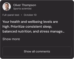 Comment by Oliver Thompson, sports scientist, stating high health and wellbeing levels with advice to prioritize sleep, balanced nutrition, and stress management.