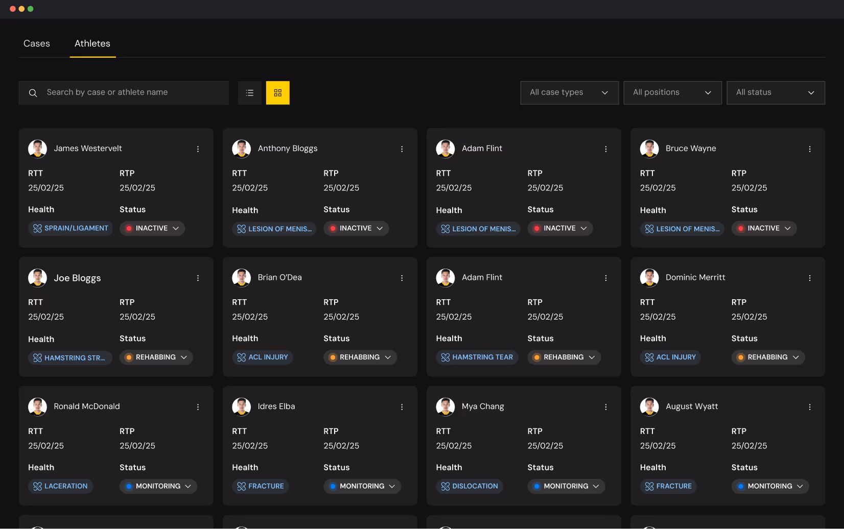 Dashboard showing athlete profiles with names, injury types, return-to-training and return-to-play dates, and status indicators.