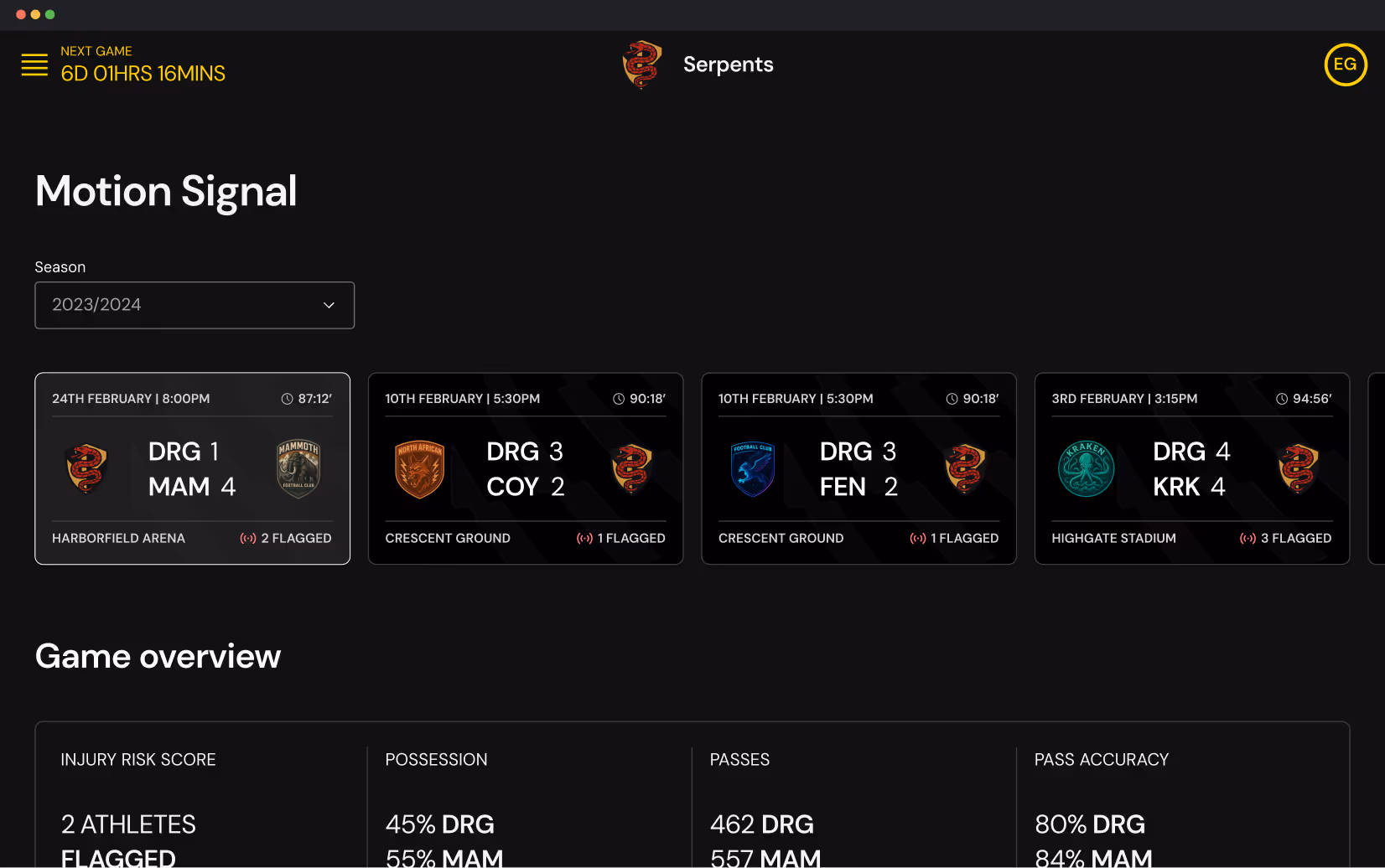 Dashboard showing recent soccer match results for the Serpents team, with scores, dates, venues, and flagged alerts; also displays injury risk score, possession, passes, and pass accuracy statistics.