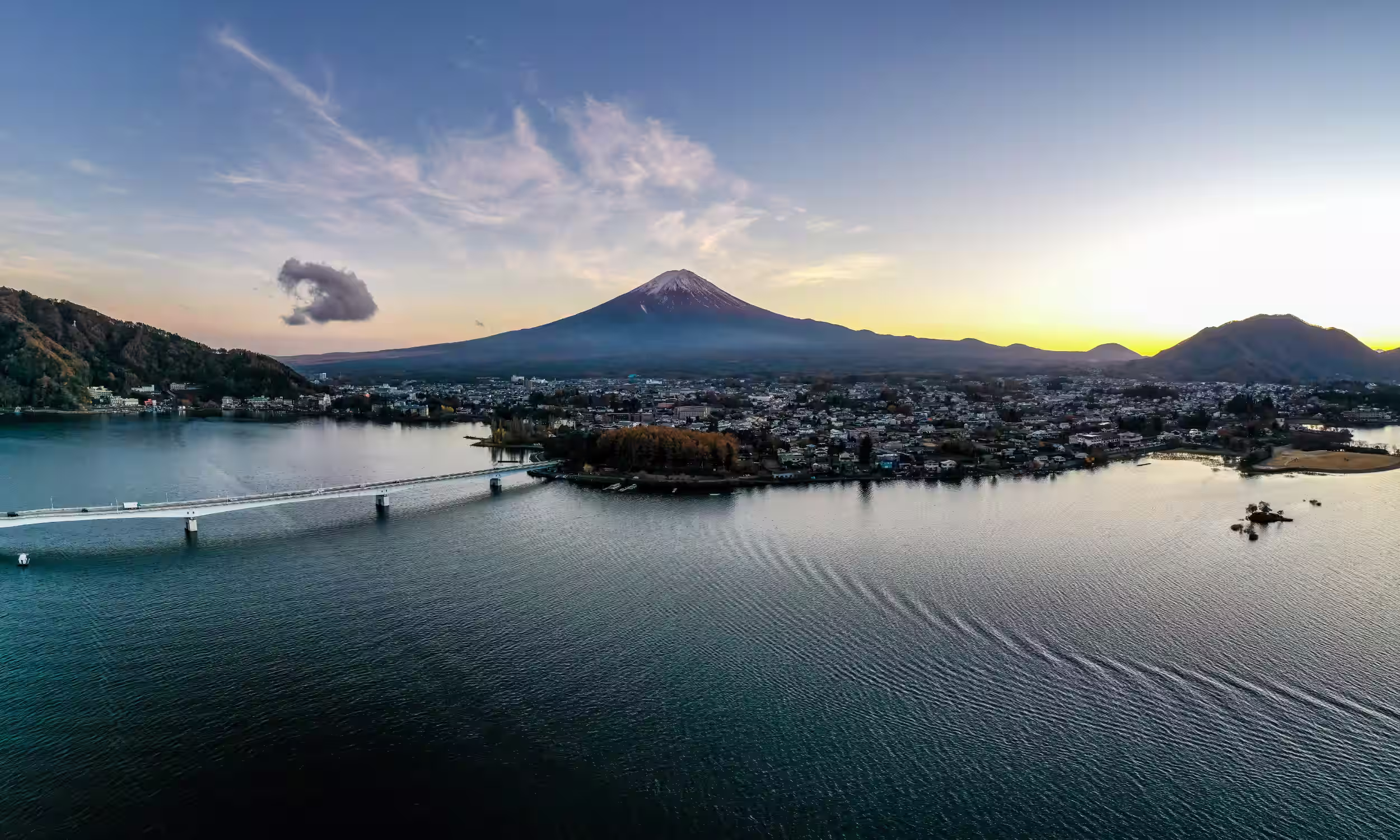 Panoramic view of Mount Fuji and Lake Kawaguchi at sunset, an unforgettable setting for a Japan honeymoon.