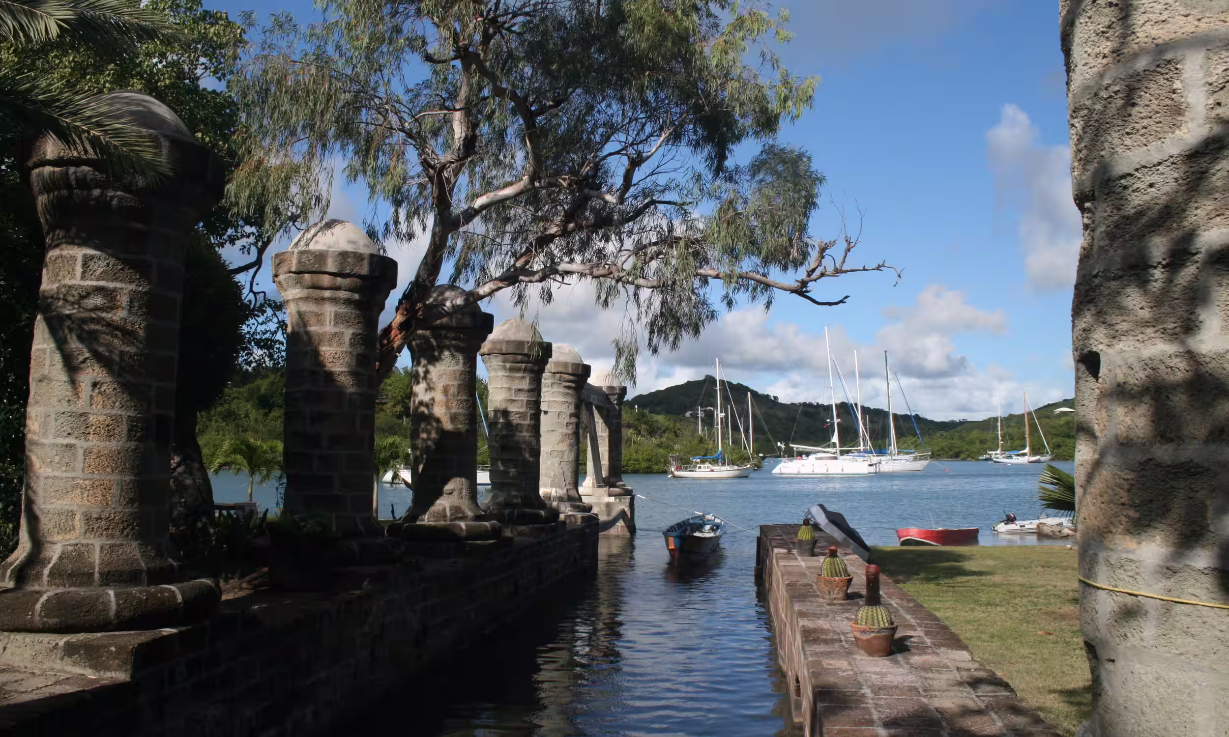 Nelson’s Dockyard in English Harbour, Antigua, with Georgian-era stone buildings and a yacht marina. 