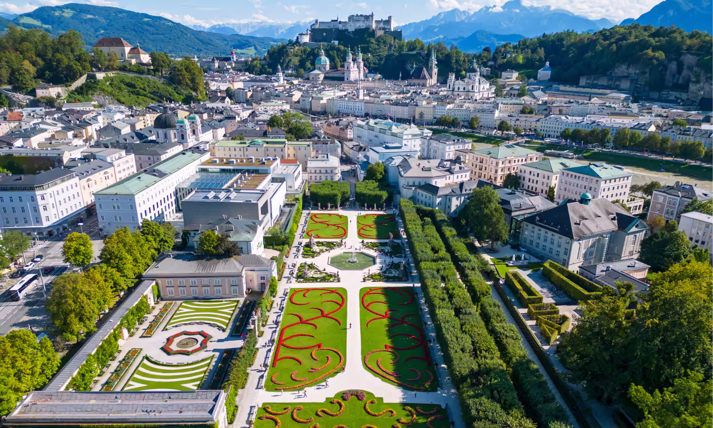 Mirabell Gardens in Salzburg overlooking the old town, a romantic honeymoon destination.