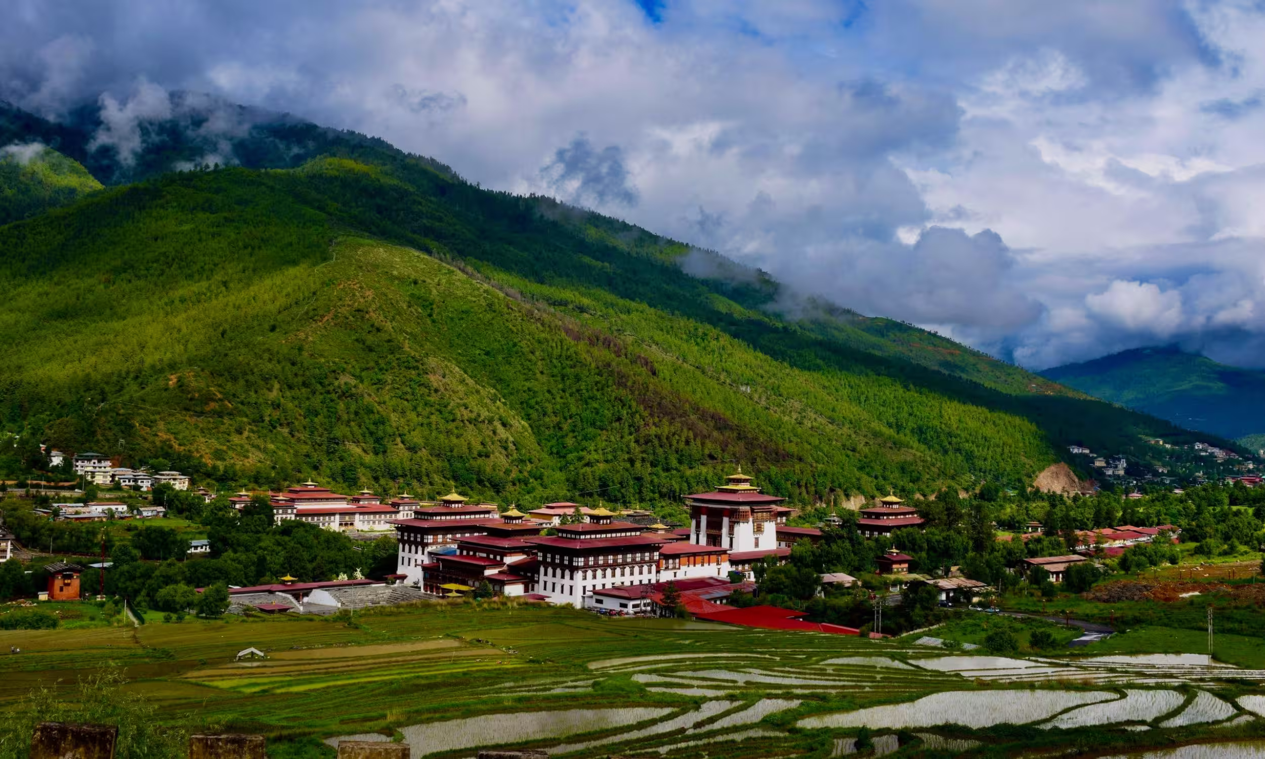 Panoramic view of Thimphu Valley in Bhutan, lush nature and a romantic mountain landscape. 