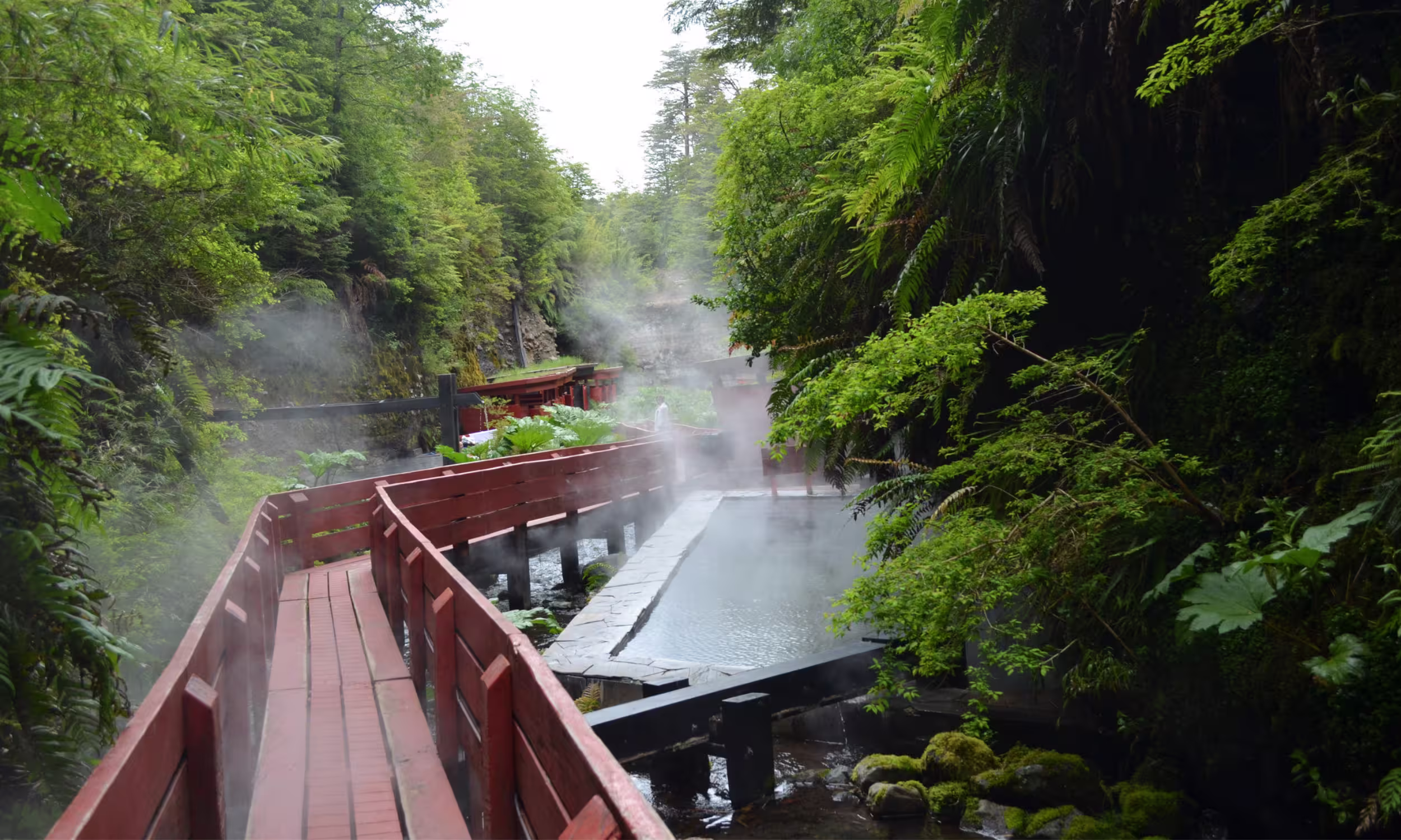 Red walkway between hot spring pools surrounded by lush forest at Termas Geométricas.