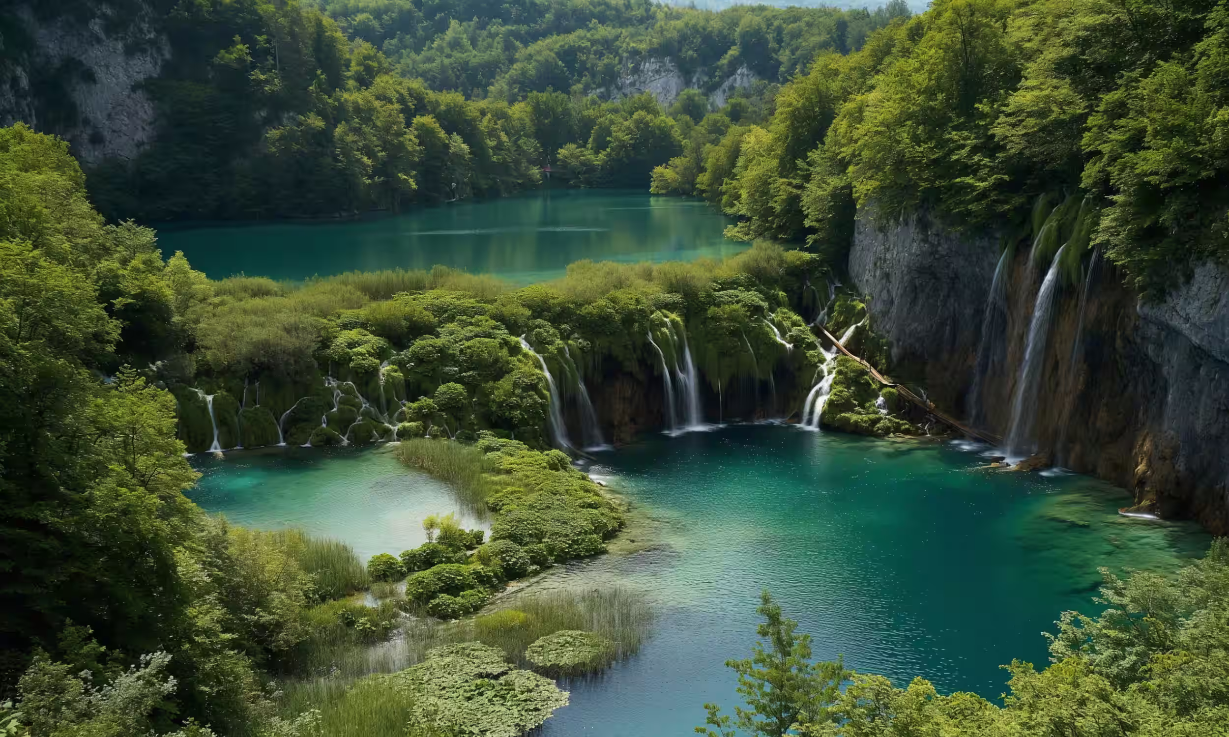 Aerial view of Plitvice Lakes waterfalls surrounded by lush forest.
