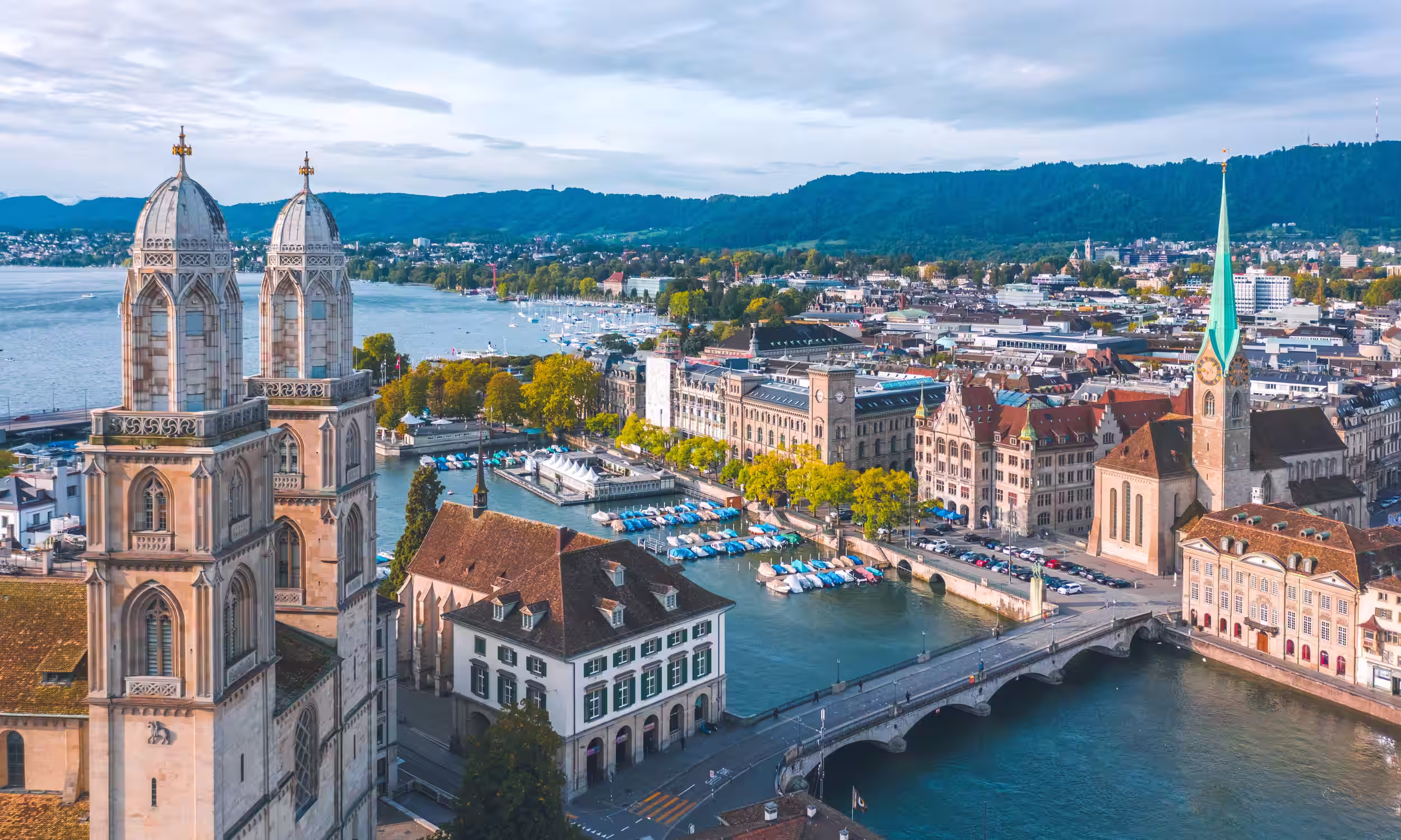 Aerial view of Zurich with the Old Town and the Limmat River.
