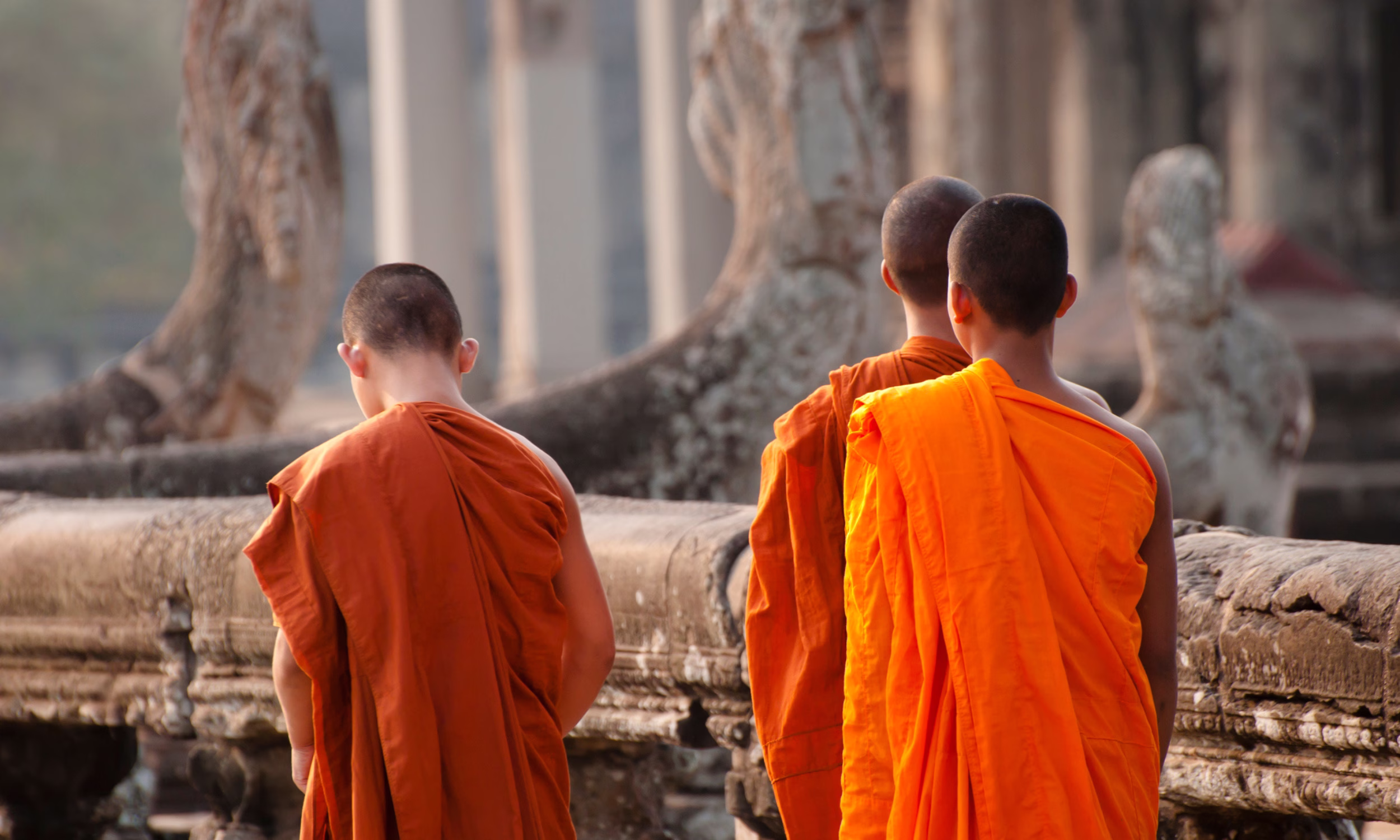 Young monks walking at Angkor Wat, a cultural honeymoon moment in Cambodia 