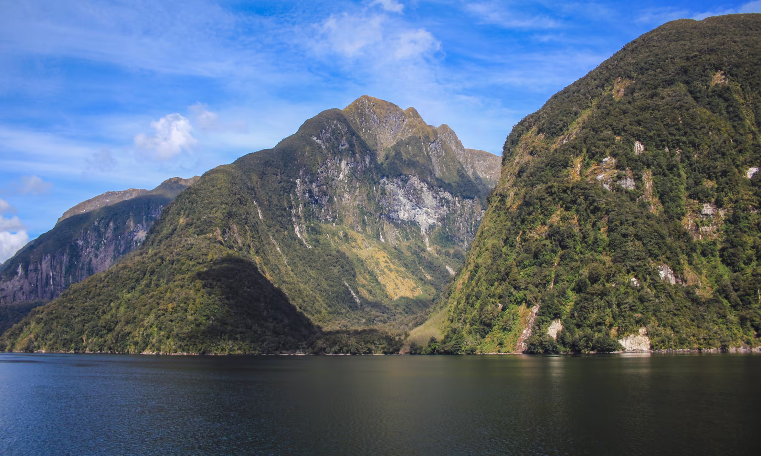 Cruise through Doubtful Sound surrounded by the mountains of Fiordland National Park, New Zealand.
