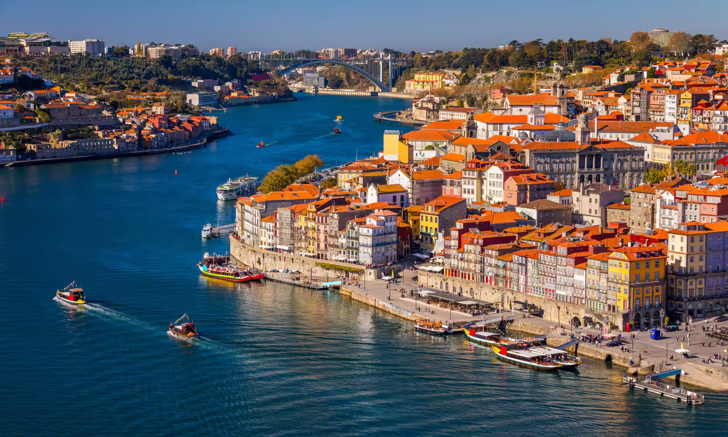 Panoramic view of Porto's historic center along the Douro River in Portugal.