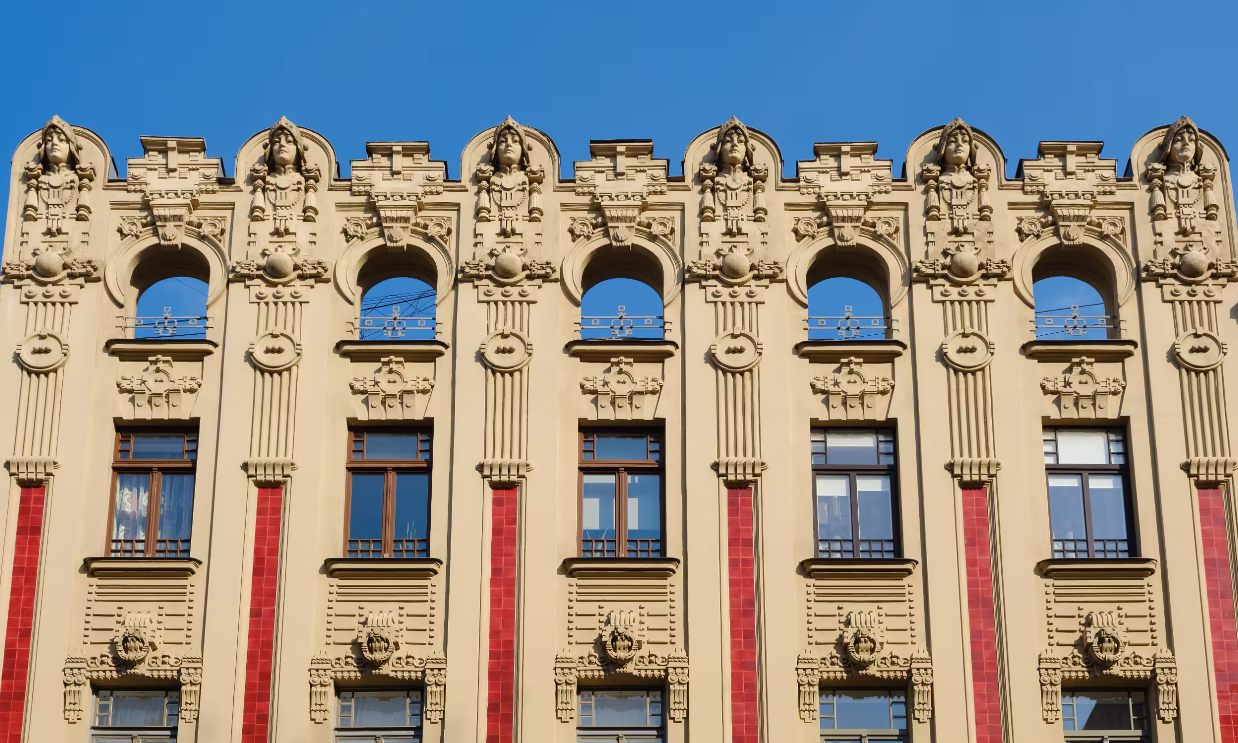 Art Nouveau building façade in Riga, Latvia, showcasing the city's iconic architectural style.