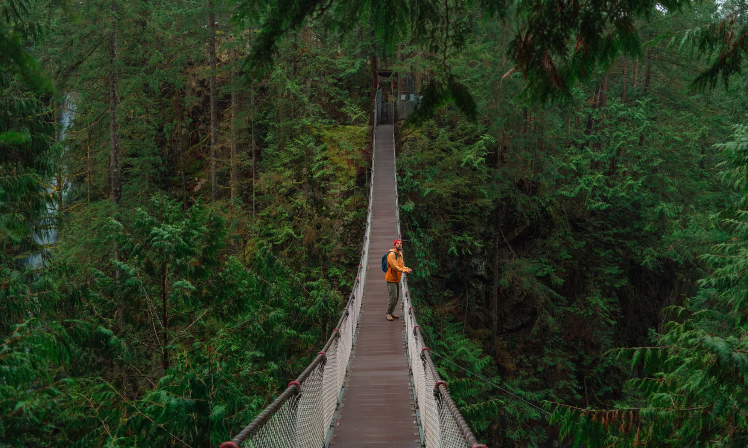 Pessoa a atravessar a ponte suspensa de Lynn Canyon rodeada pela floresta em Vancouver.