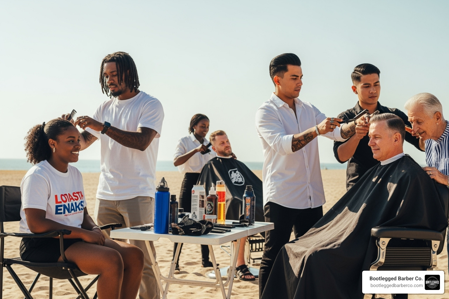 Men relaxing and talking in a barbershop waiting area - barbers on sandy