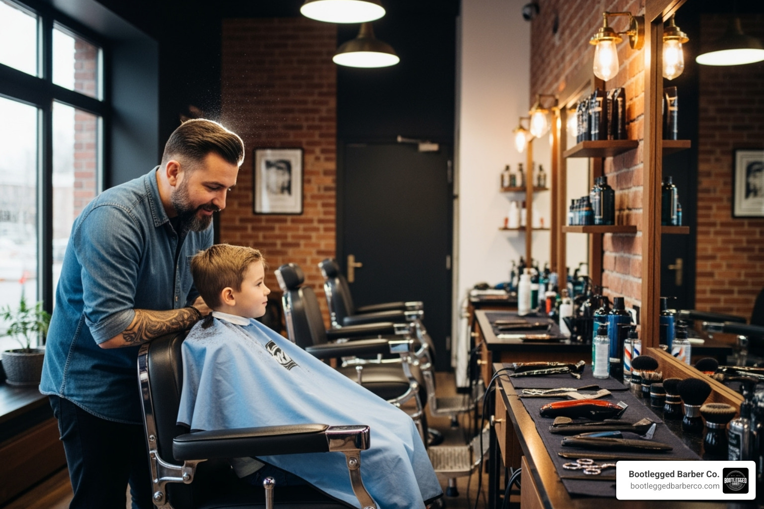 patient barber talking to a young boy before a haircut - barber shop for boys