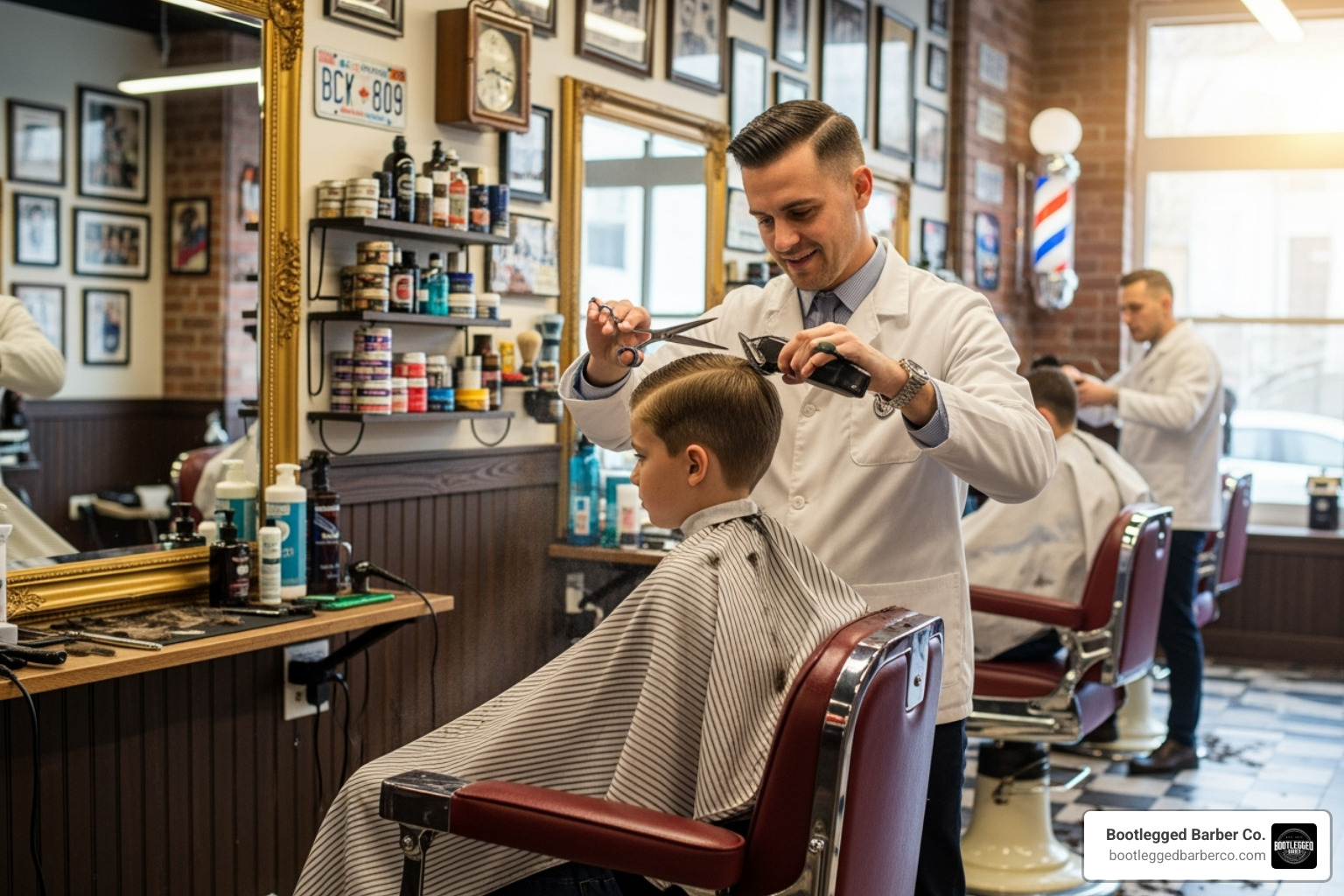 barber using both clippers and scissors on a boy's hair - barber shop for boys