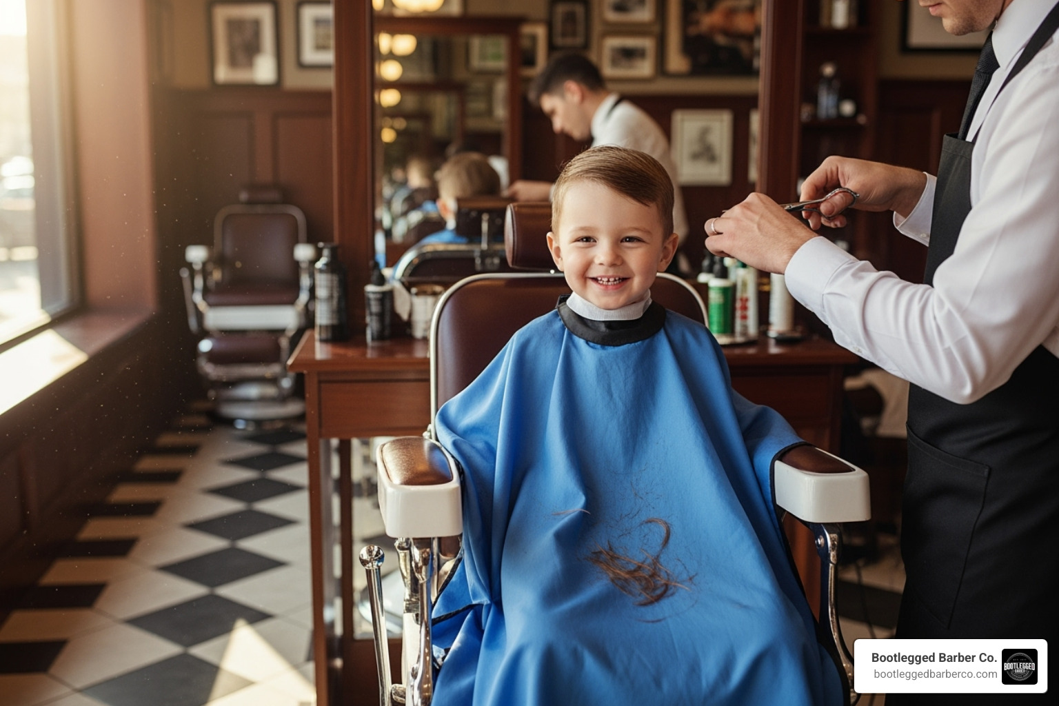 toddler getting his first haircut with a smile - barber shop for boys