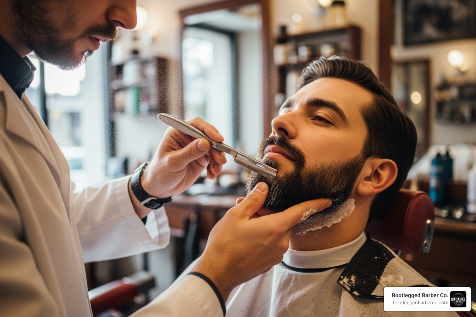 a barber carefully shaping a client's beard with a straight razor - beard barber near me