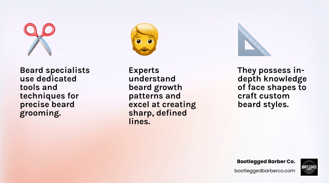Infographic showing key differences between regular barbers and beard specialists, including specialized tools, face shape expertise, beard growth patterns knowledge, and neckline precision techniques - beard barber near me infographic 3_facts_emoji_light-gradient