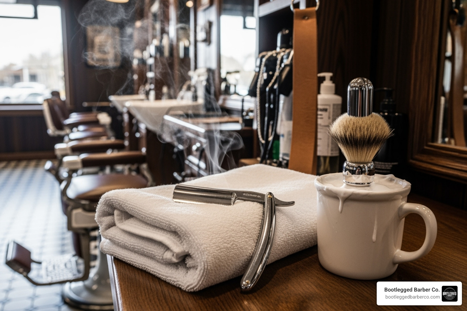 a classic hot towel shave setup with steam - beard barber near me
