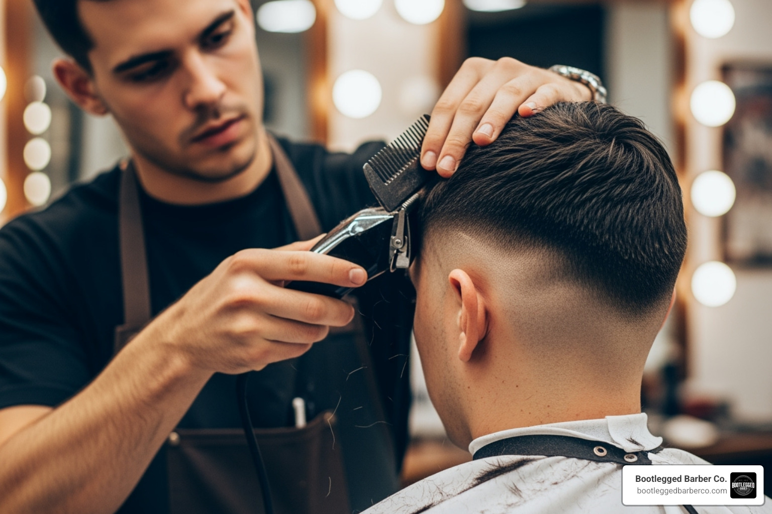 Bootlegged barber carefully performing a fade - barber shop south jordan