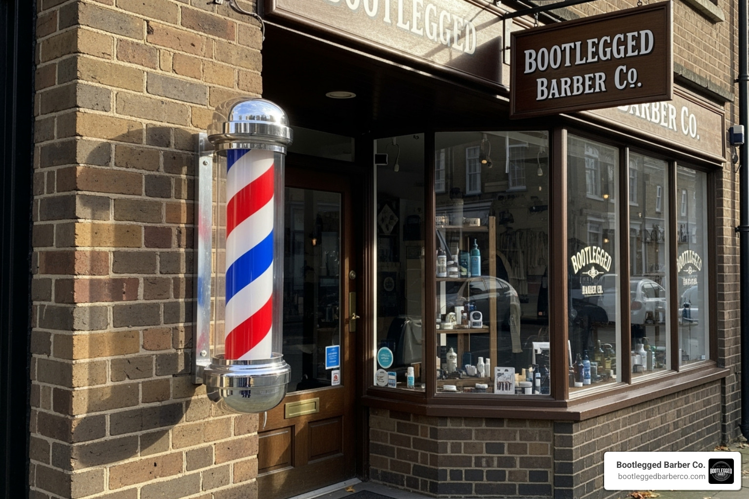 classic barber pole next to Bootlegged Barber Co. entrance - barber shop south jordan