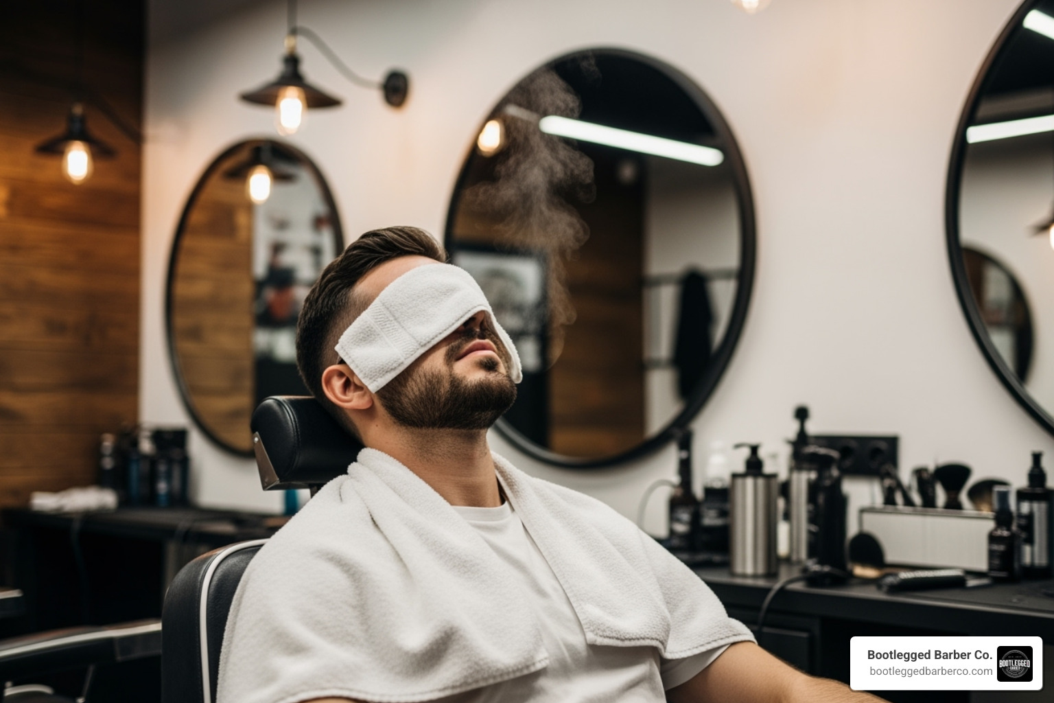 a client enjoying a hot towel service - best barber in grand rapids
