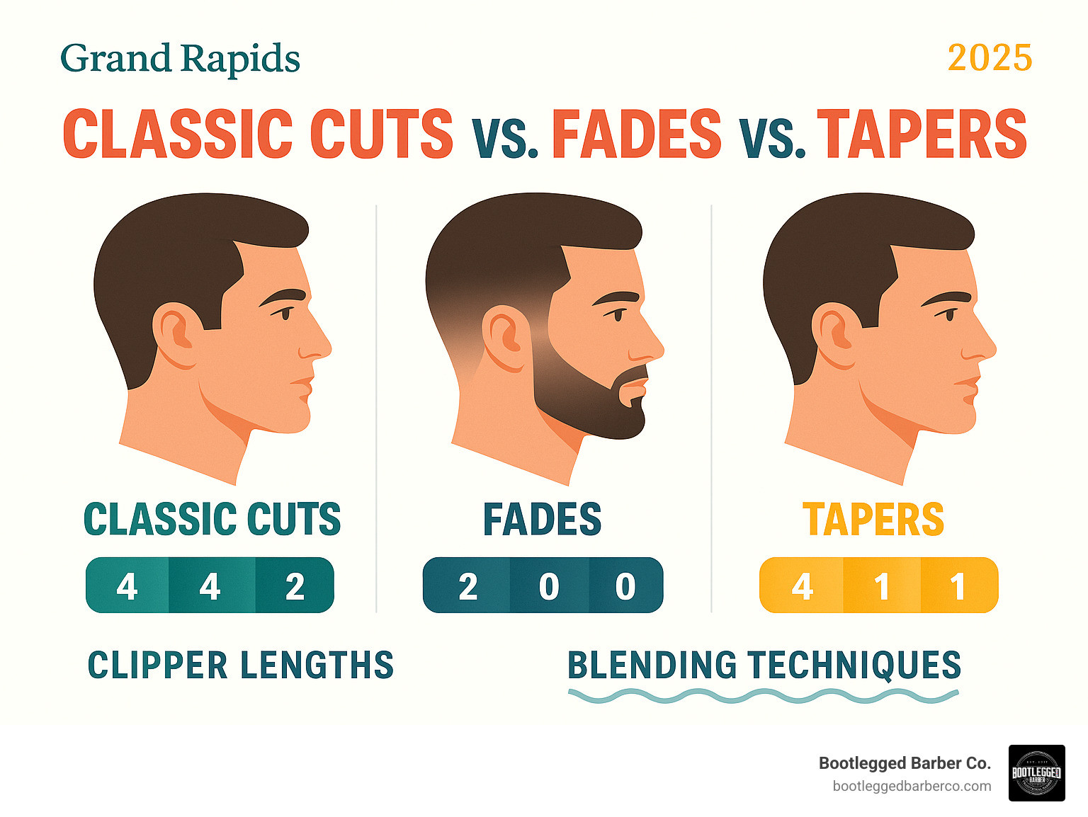 Infographic showing the differences between classic cuts, fades, and tapers with visual examples of each style, highlighting clipper lengths and blending techniques used by professional barbers - best barber in grand rapids infographic 