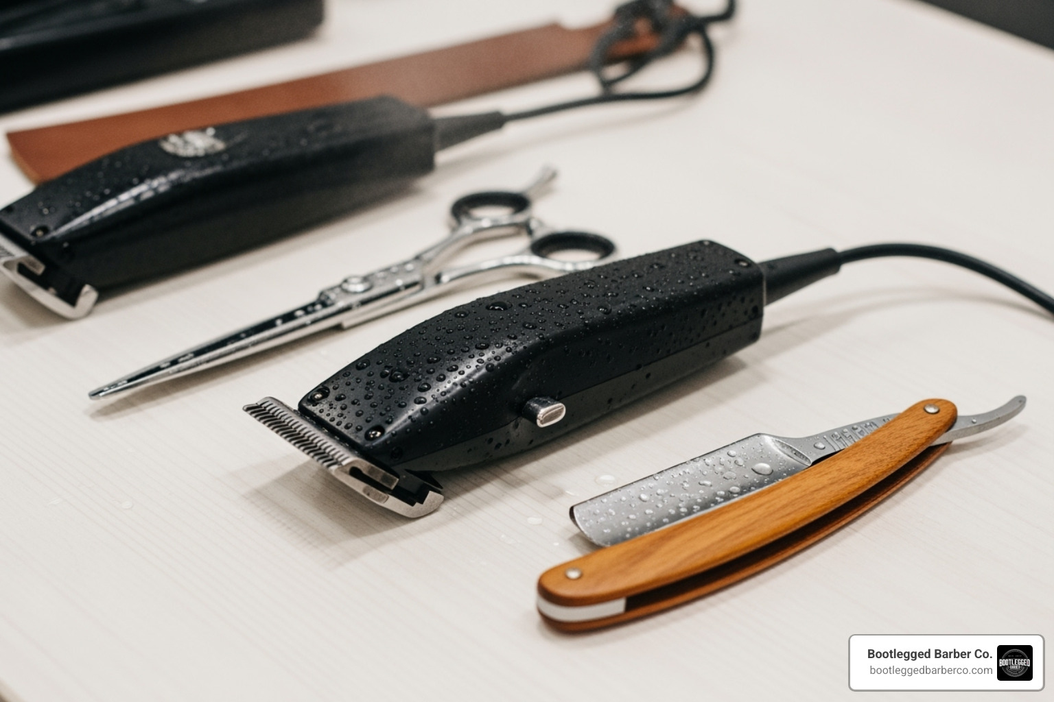 various barber tools like shears, clippers, and a straight razor neatly arranged - best barber in grand rapids