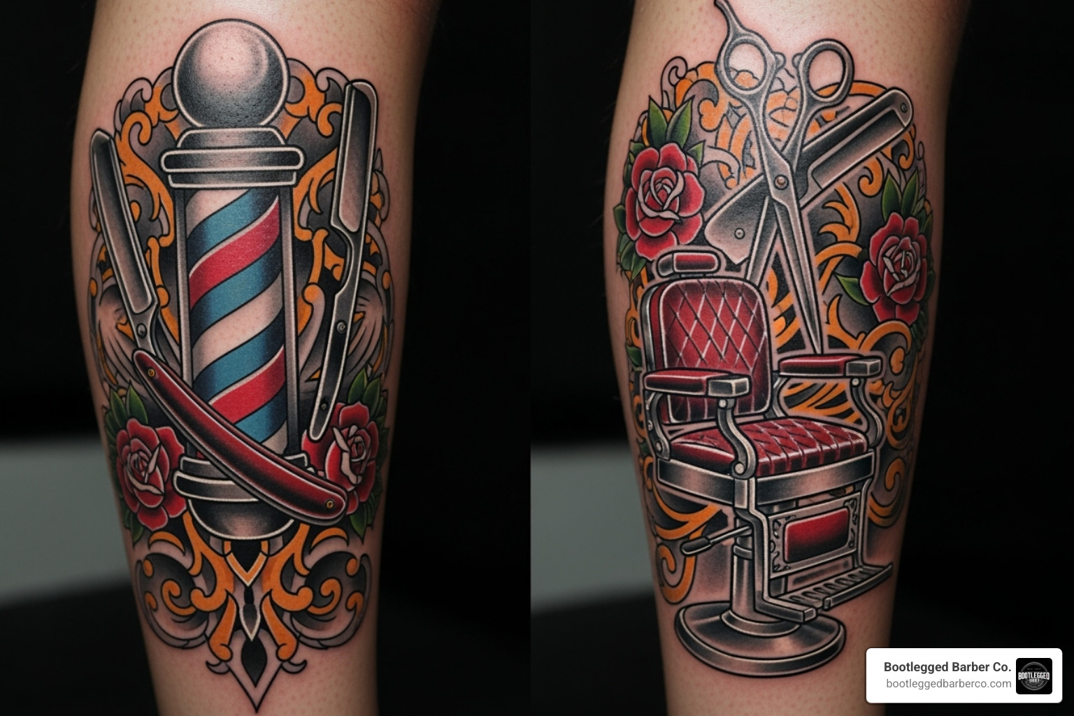a neo traditional barber tattoo on a calf or thigh - neo traditional barber tattoo