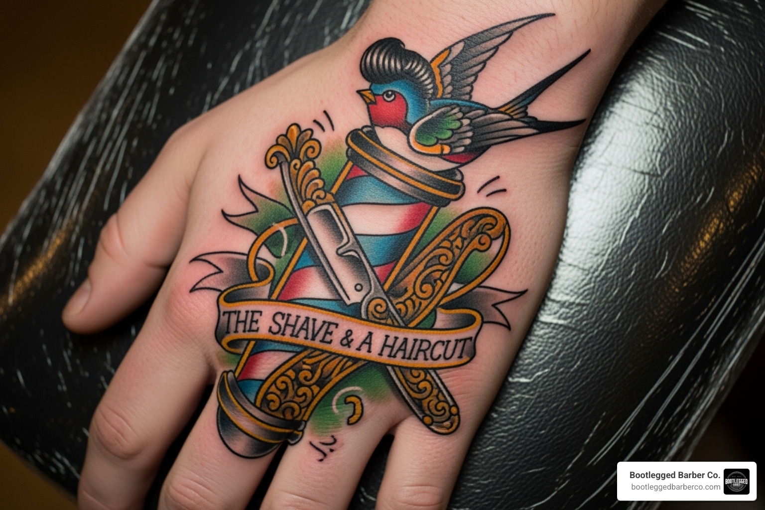 a detailed neo traditional barber tattoo on a hand - neo traditional barber tattoo