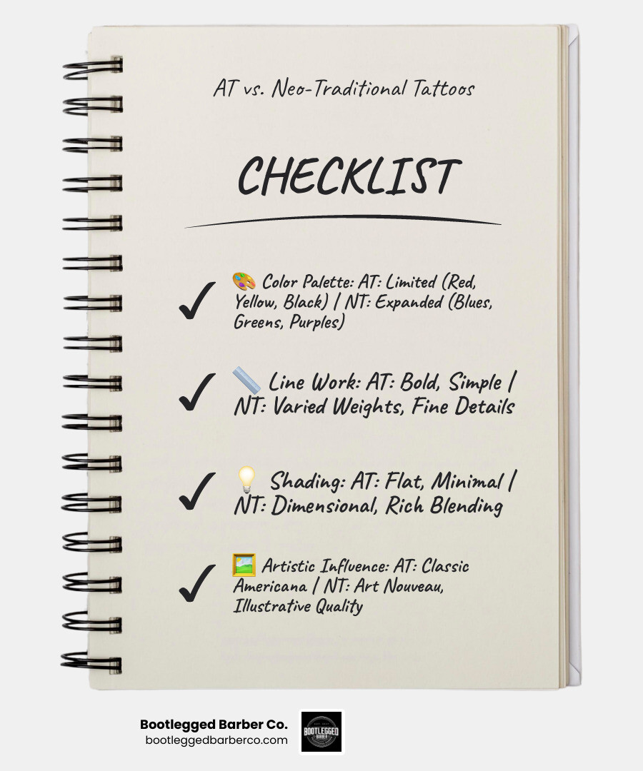 Infographic showing the key differences between American Traditional tattoos (limited red, yellow, black colors with bold simple lines) and Neo-Traditional tattoos (expanded color palette with blues, purples, greens, varied line weights from thick outlines to fine details, dimensional shading, and Art Nouveau-influenced flowing elements) - neo traditional barber tattoo infographic checklist-notebook