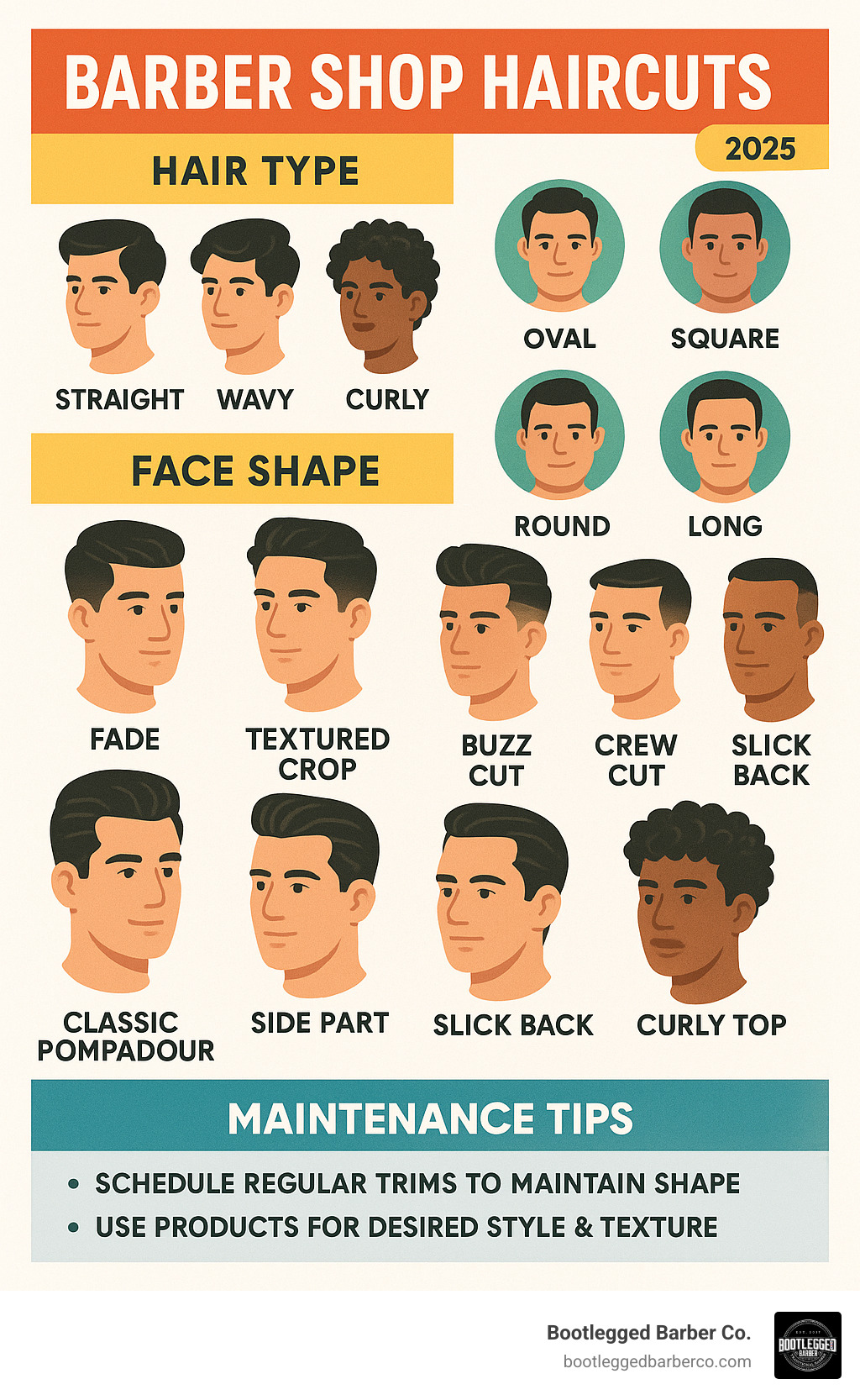 Comprehensive guide showing different barber shop haircut styles organized by hair type and face shape, including fade variations, classic cuts, and modern textured styles with maintenance tips - barber shop haircuts infographic 