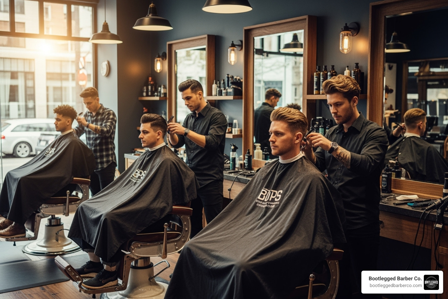four men with different hair types (curly, thick, fine, wavy) and suitable haircuts - barber shop haircuts