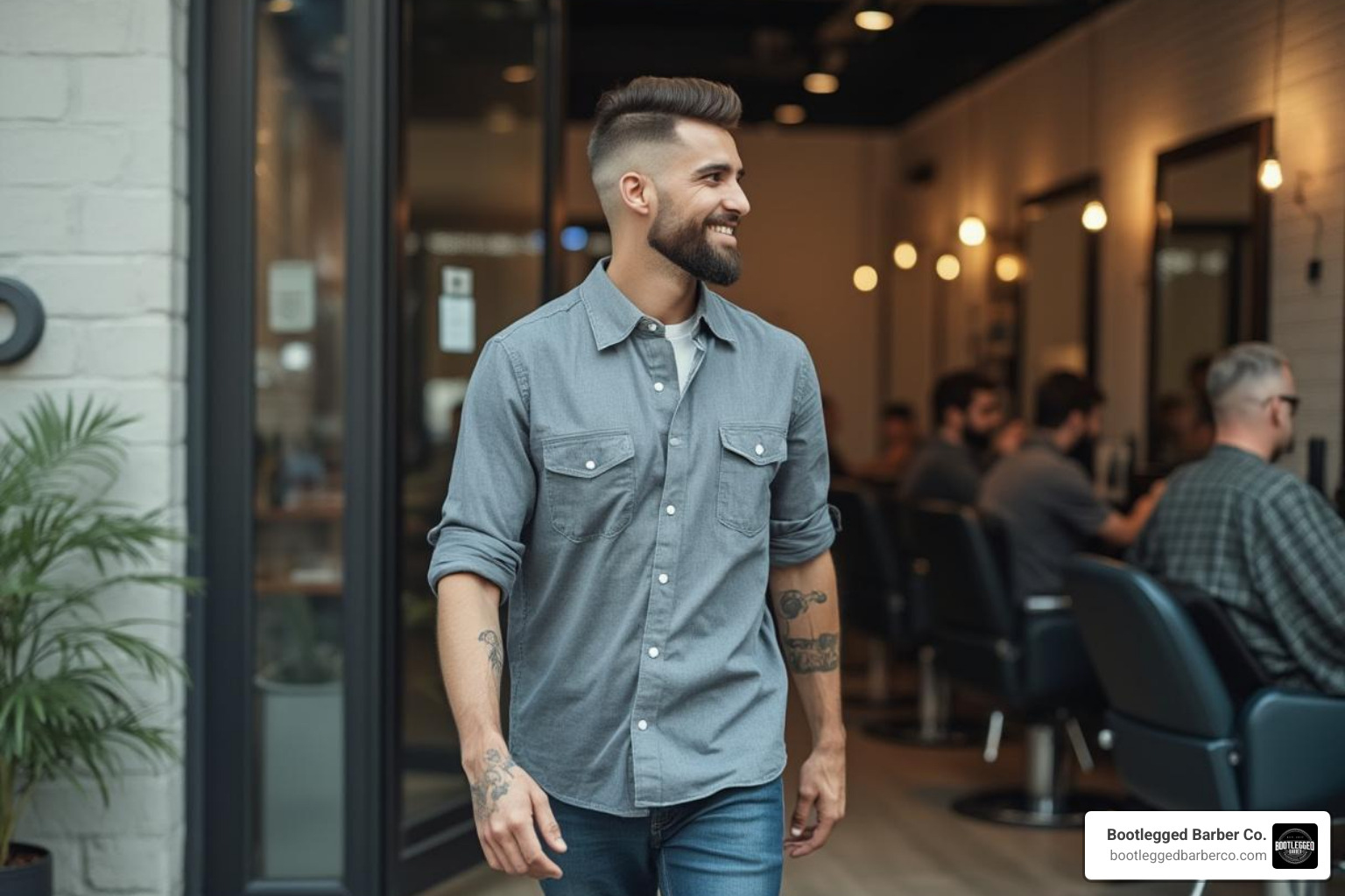 satisfied customer with a fresh haircut leaving Bootlegged Barber Co. - haircuts near me open