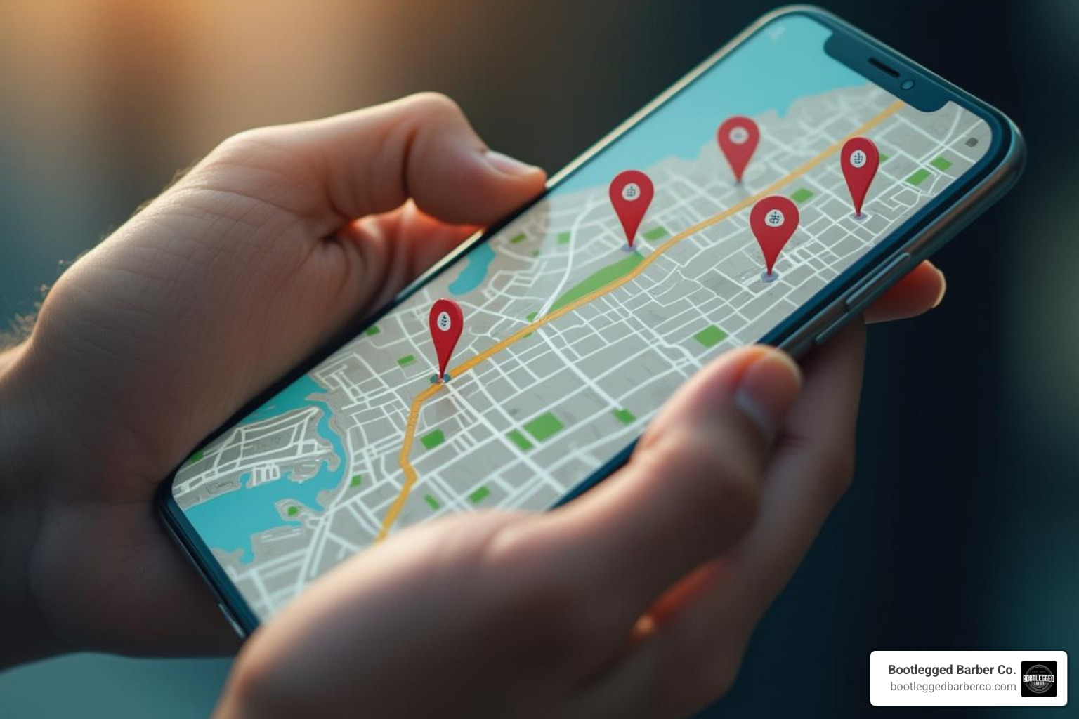 smartphone screen showing map with Bootlegged Barber Co. location pins - haircuts near me open