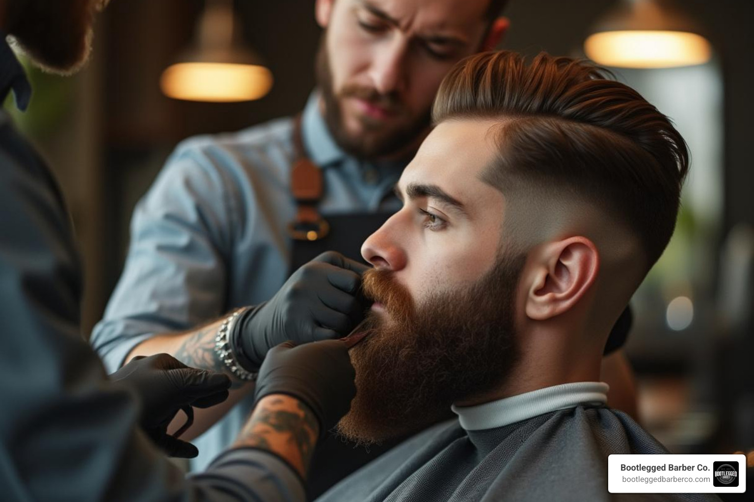 Bootlegged Barber Co. barber performing a detailed beard trim - haircuts near me open