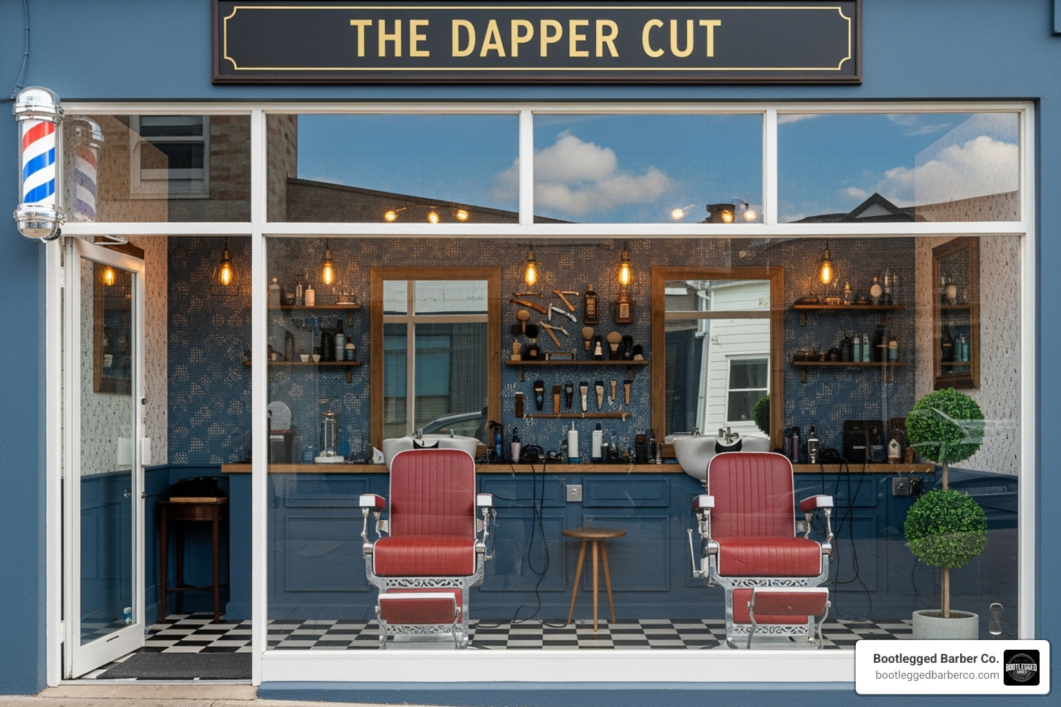 unique Bootlegged Barber Co. storefront and interior - haircuts near me open