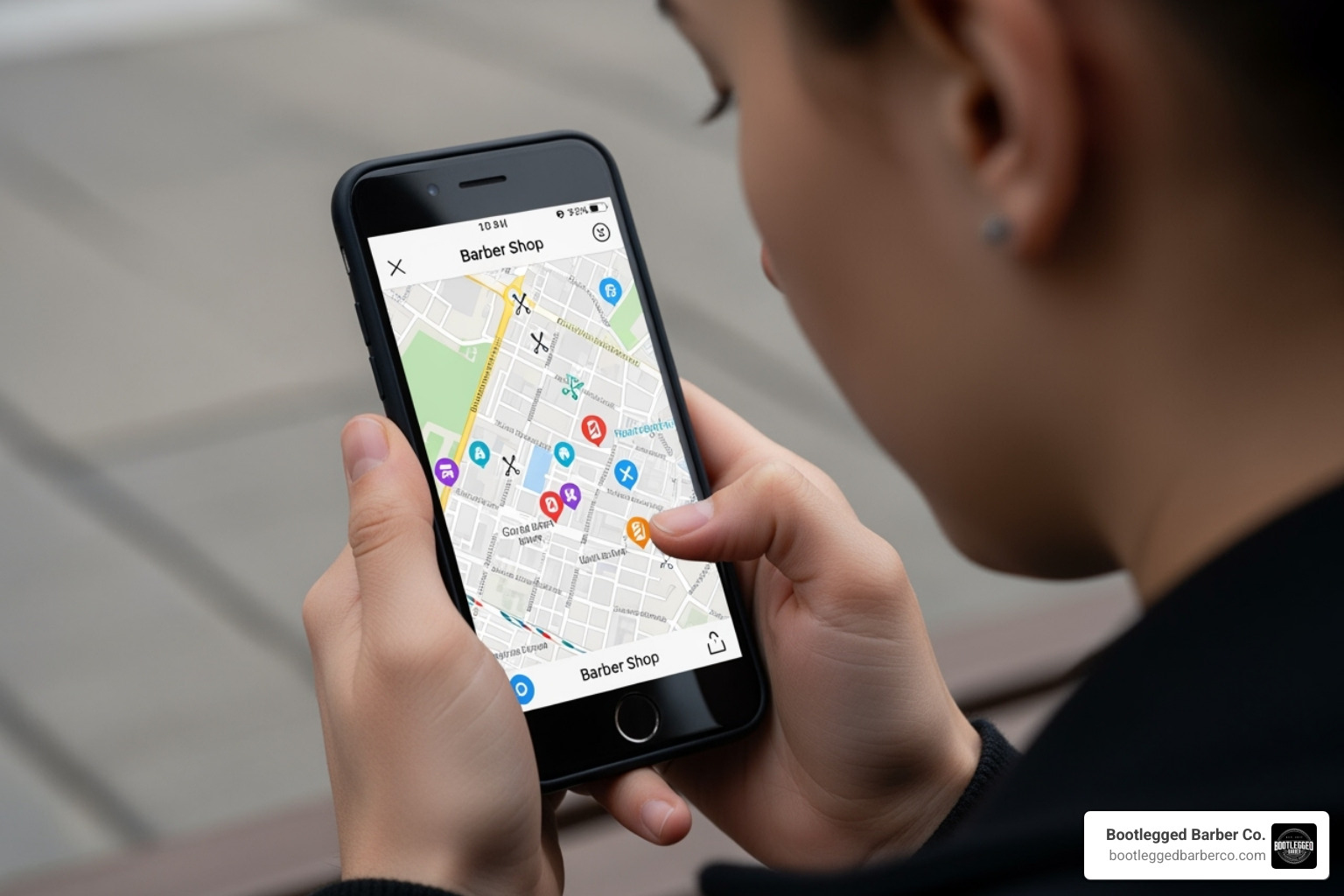 A person using a smartphone to search for Bootlegged Barber Co. locations on a map - good barber shops near me