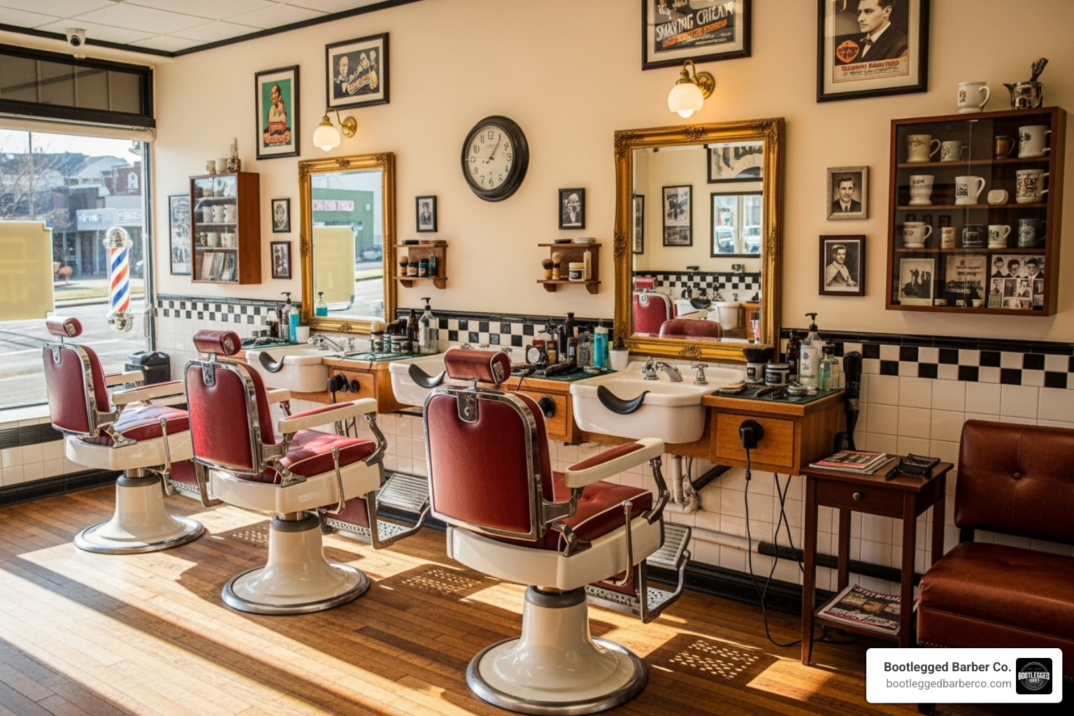 A clean, well-lit, and welcoming Bootlegged Barber Co. interior with classic decor - good barber shops near me