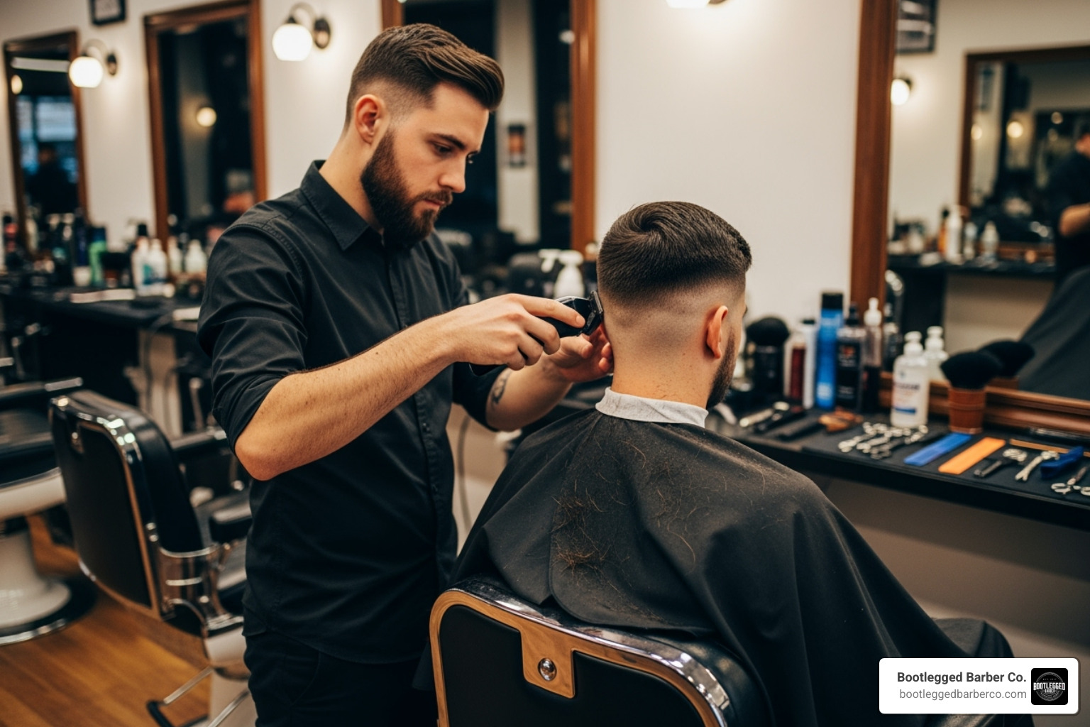 A skilled Bootlegged Barber Co. barber performing a signature fade - good barber shops near me