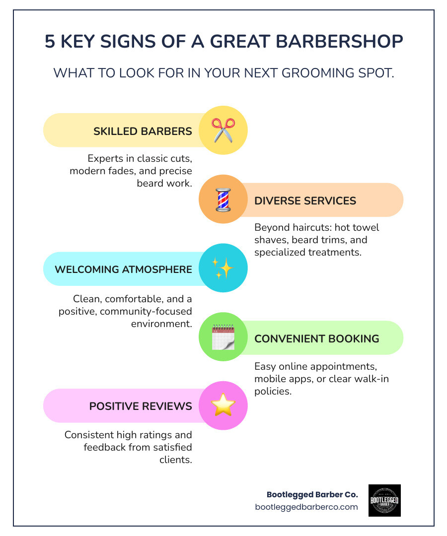 Infographic detailing the 5 key signs of a great barbershop, including skilled barbers, wide range of services, welcoming atmosphere, easy booking options, and positive customer reviews. - good barber shops near me infographic infographic-line-5-steps-colors