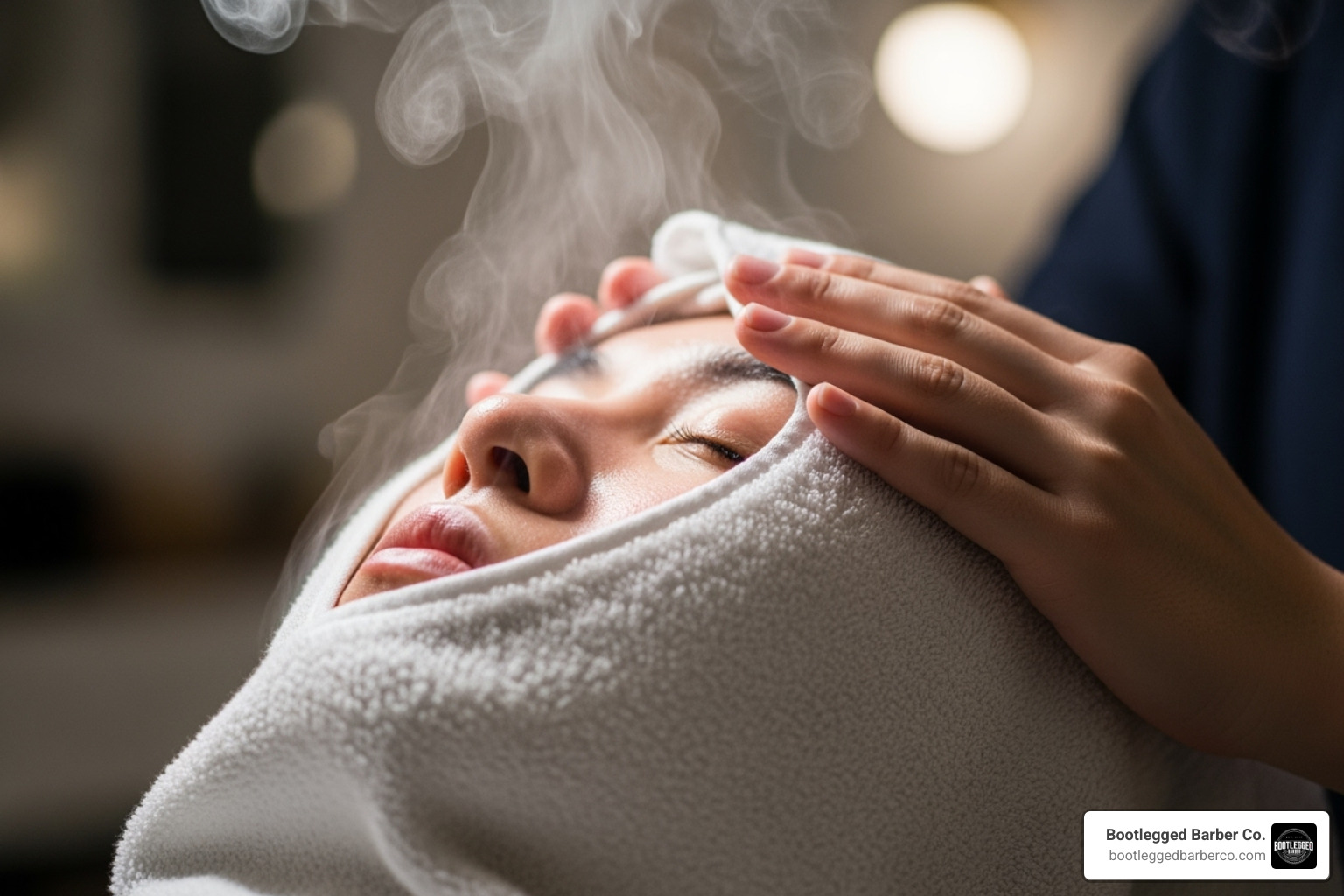 A hot towel being applied to a face - Ingrown hair prevention