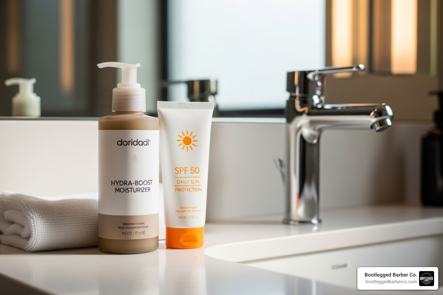 aftercare products like a quality moisturizer and SPF sunscreen next to a sink - barber head shave
