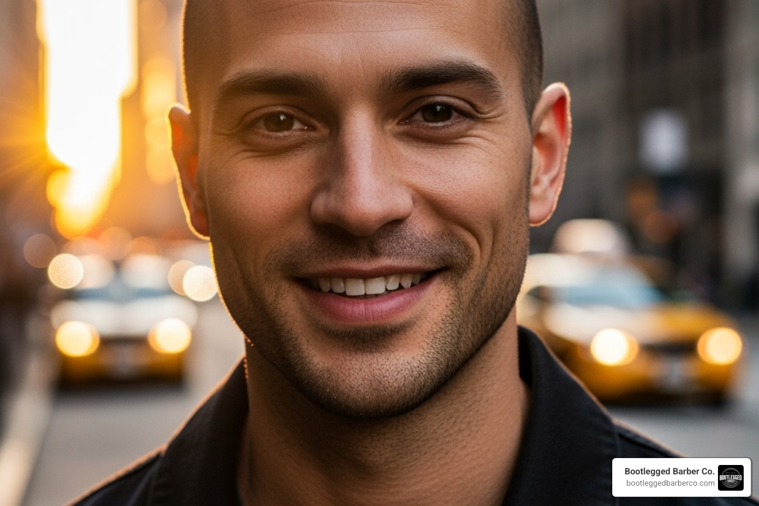 confident man with a clean-shaven head smiling - barber head shave