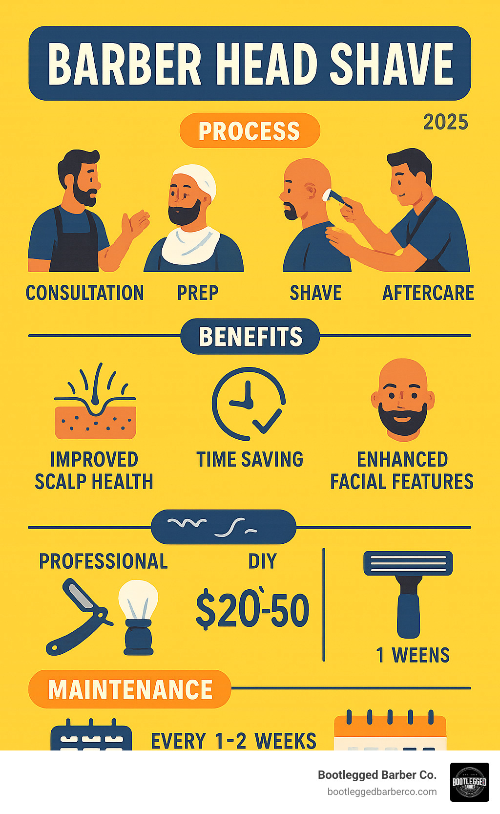 Comprehensive infographic showing the complete barber head shave process from consultation to aftercare, including benefits like improved scalp health, time savings, improved facial features, and professional tools used versus DIY methods, with cost comparison and maintenance frequency guidelines - barber head shave infographic 
