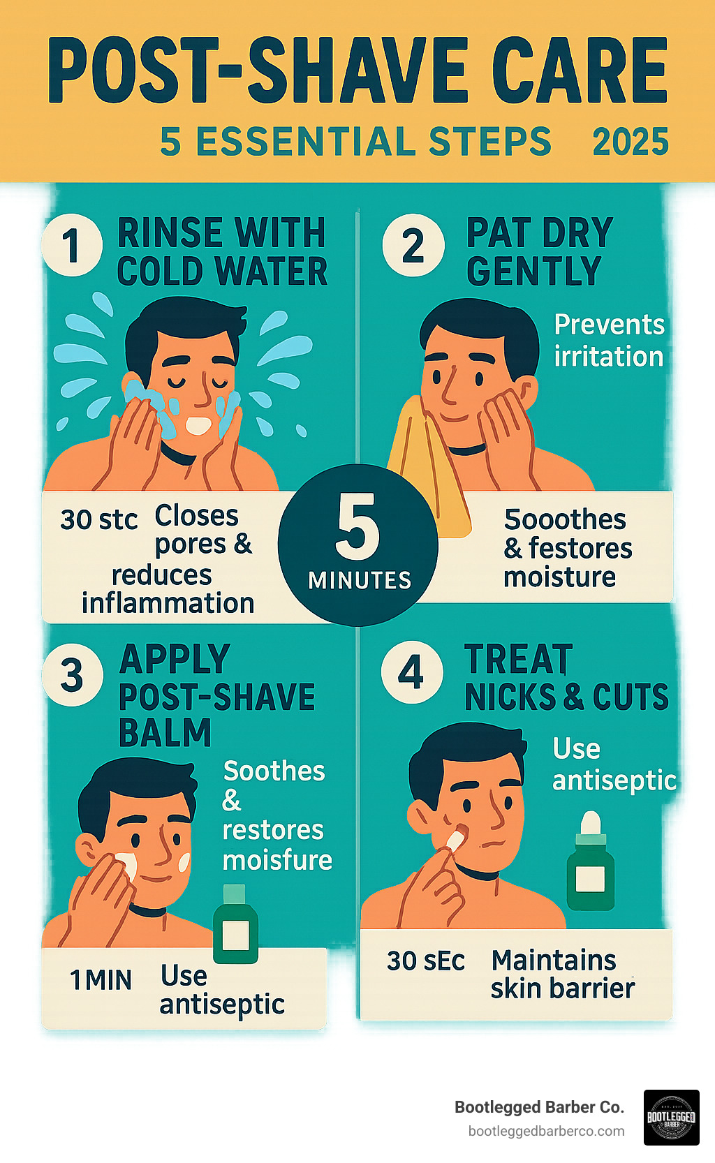 Detailed infographic showing the 5 essential post-shave care steps: cold water rinse, gentle pat drying, applying post-shave balm, treating cuts with antiseptic, and daily moisturizing, with timing and benefits for each step - Post shave care infographic 