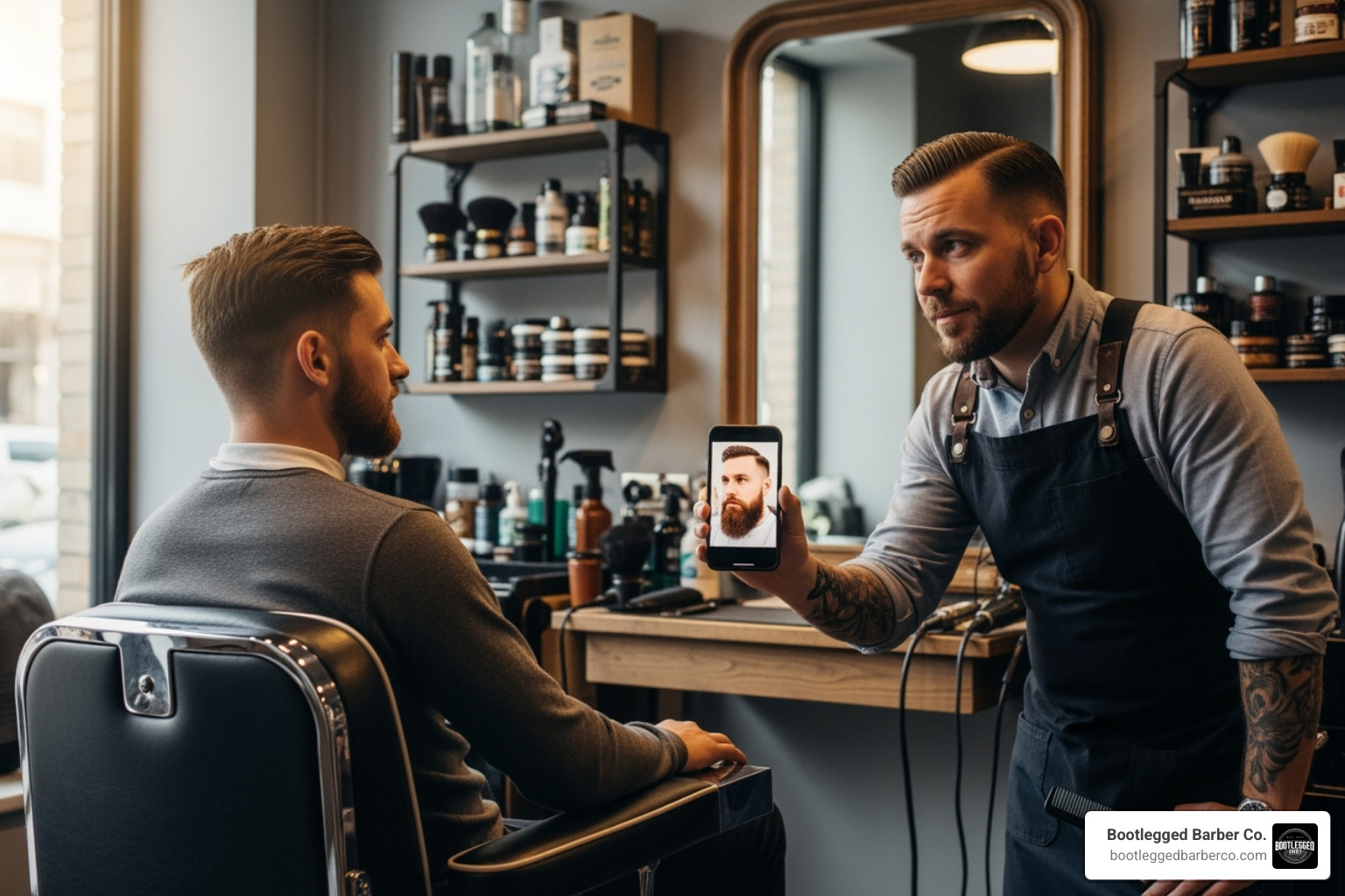 a client showing his barber a photo of a desired beard style on a phone - Beard shaping barber