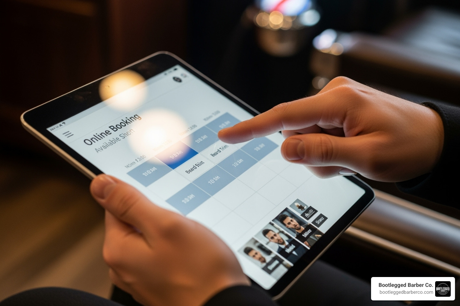 user navigating Bootlegged Barber Co.'s online booking interface on a tablet - Book haircut online