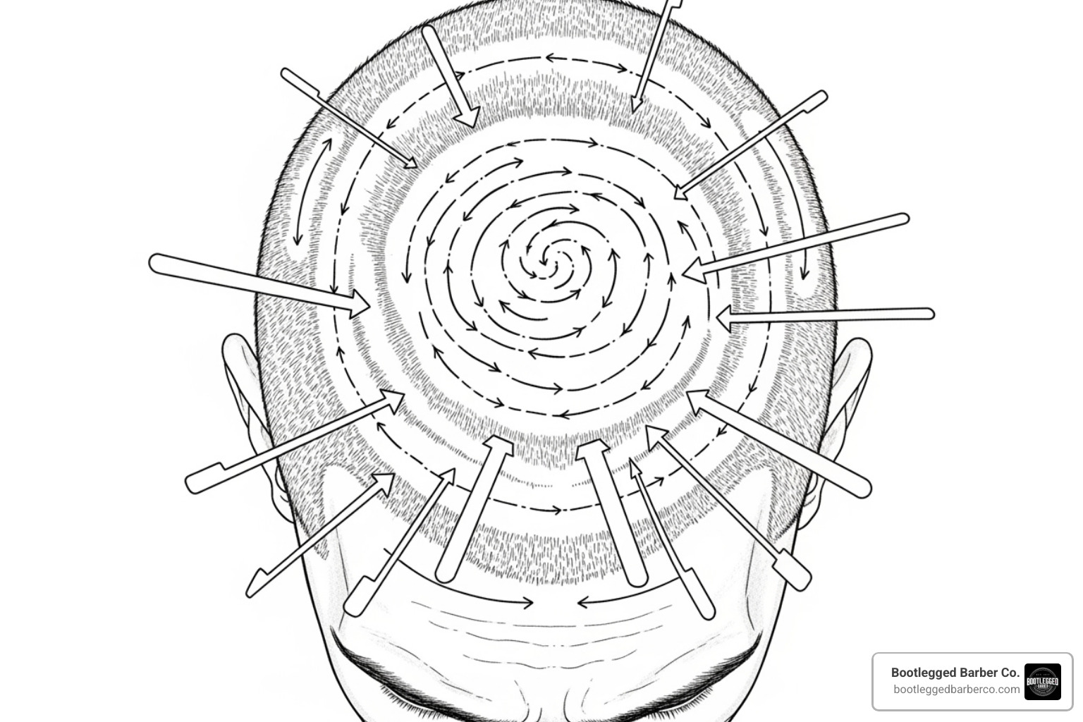 Correct shaving direction on a scalp diagram - Ultimate head shave